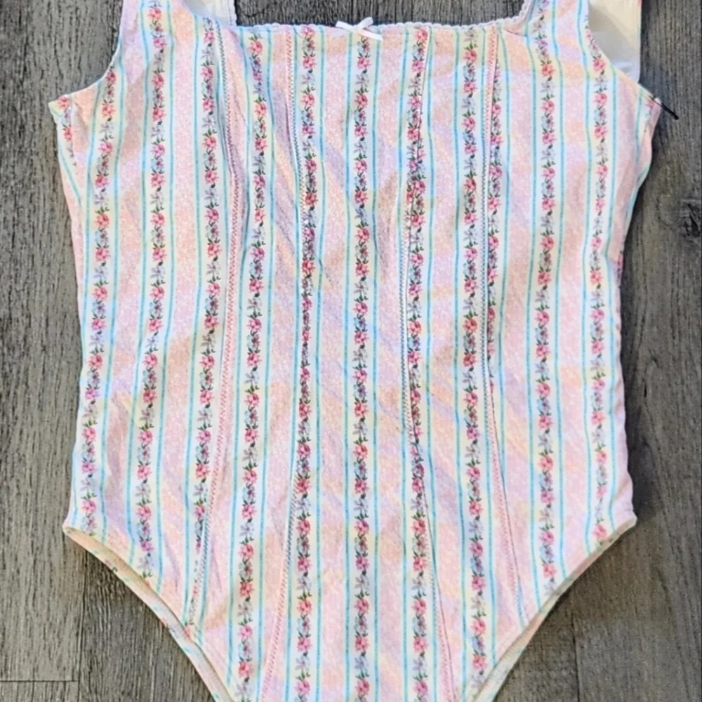 Frankie's Bikinis White One-Piece with Pink and Light Blue Floral Stripes